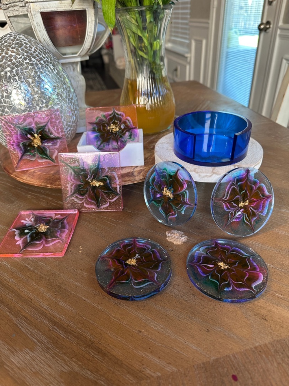 Handcrafted Floral Resin Coaster Set - Pink and Multicolor